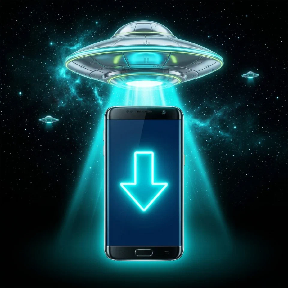 Green-lit Android phone floating beside a cyan flying saucer