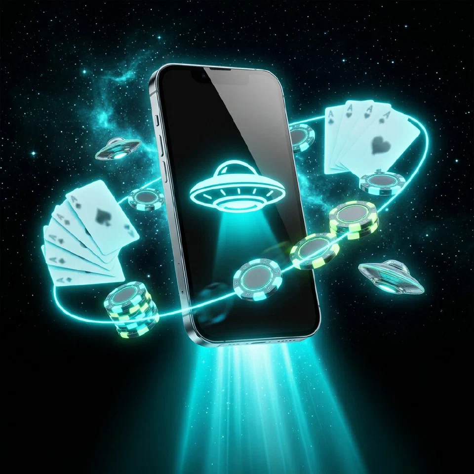 Smartphone glowing with a cyan flying saucer above its screen