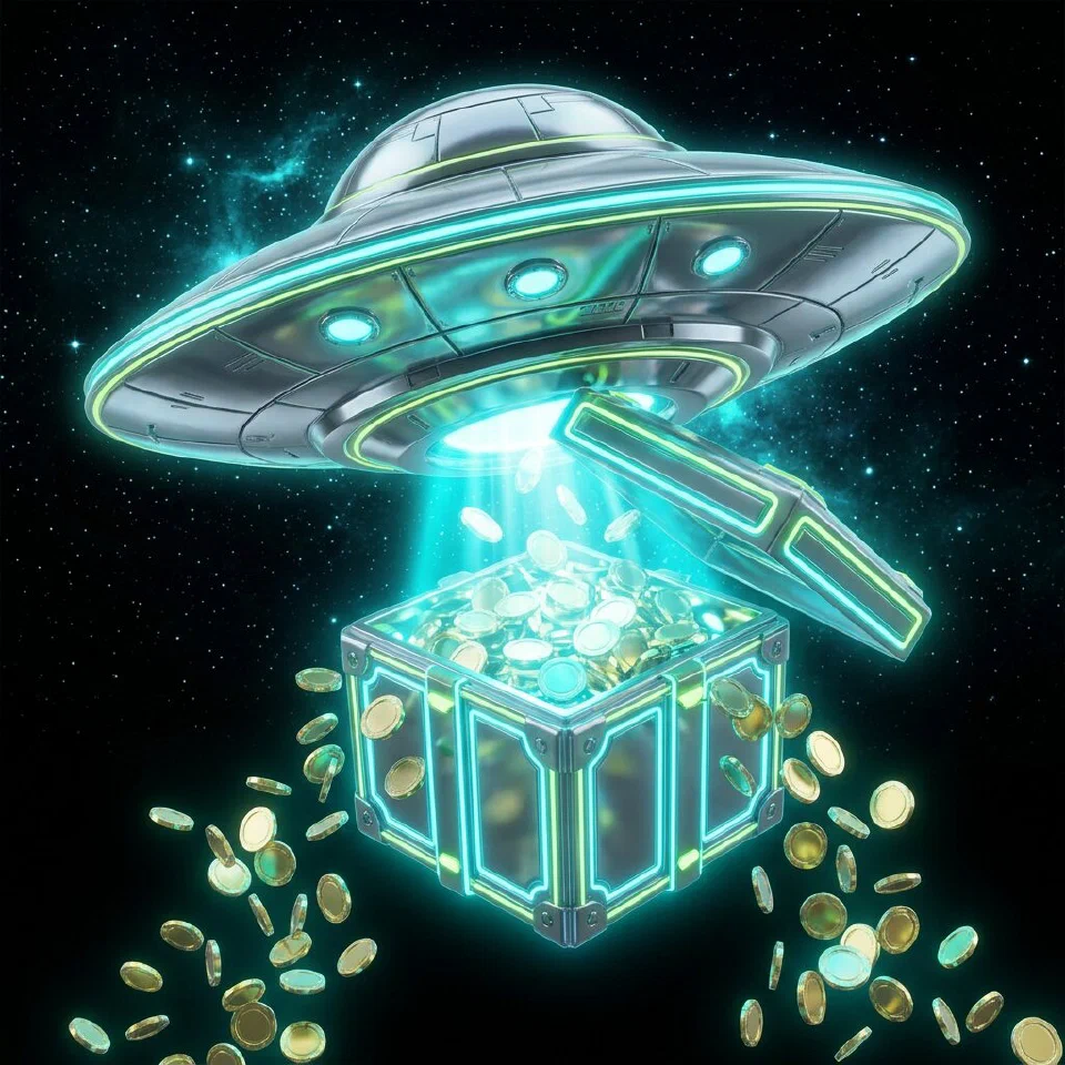 Glowing cyan gift box opening in space with gold coins rising out