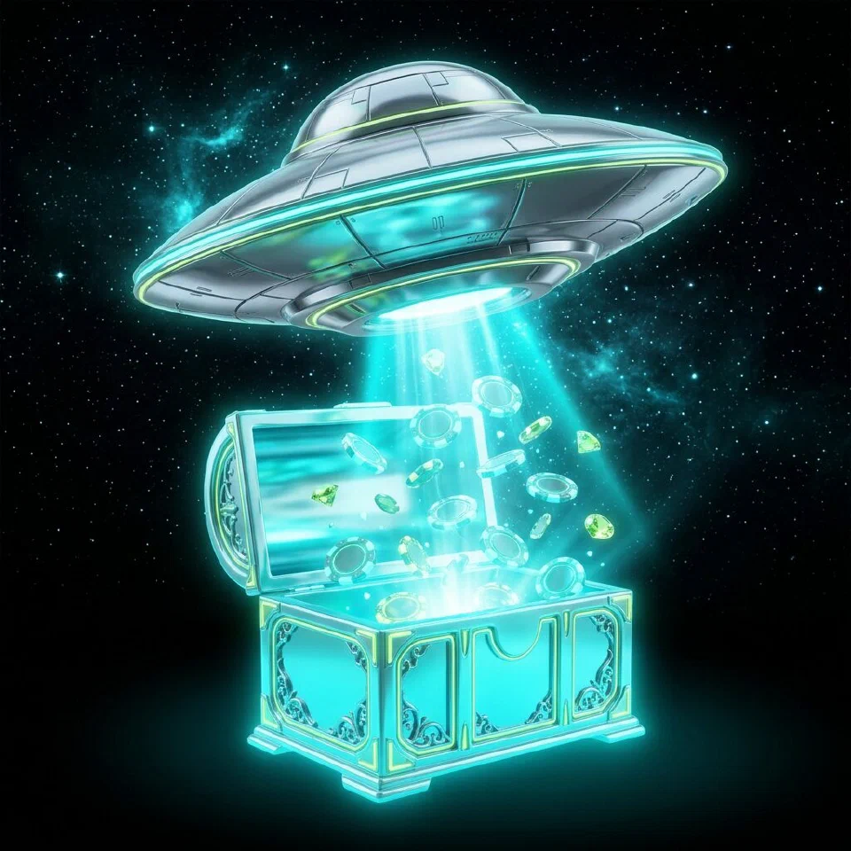 Holographic cyan keypad floating above a flying saucer in space