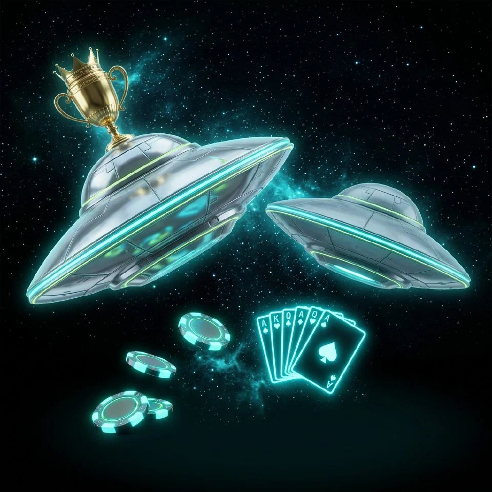 Two space platforms facing each other, the larger one glowing neon cyan