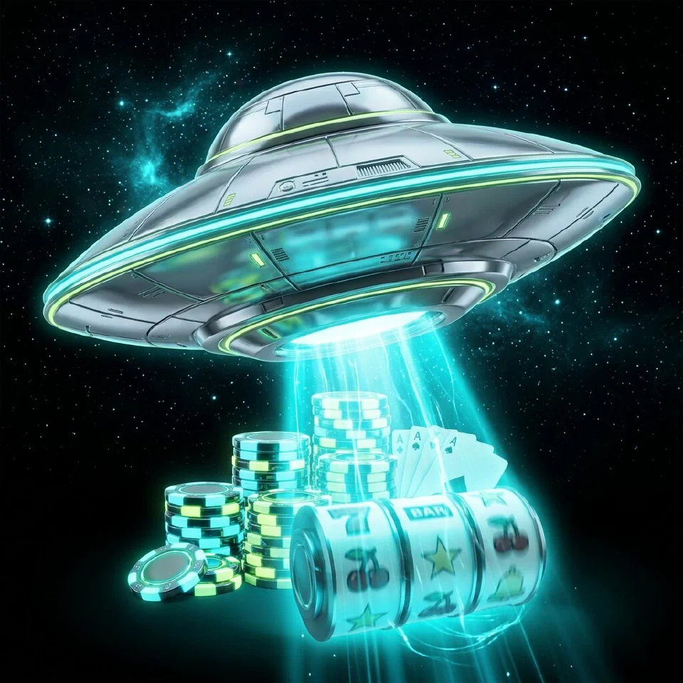 Neon cyan flying saucer beaming gold coins over a starfield