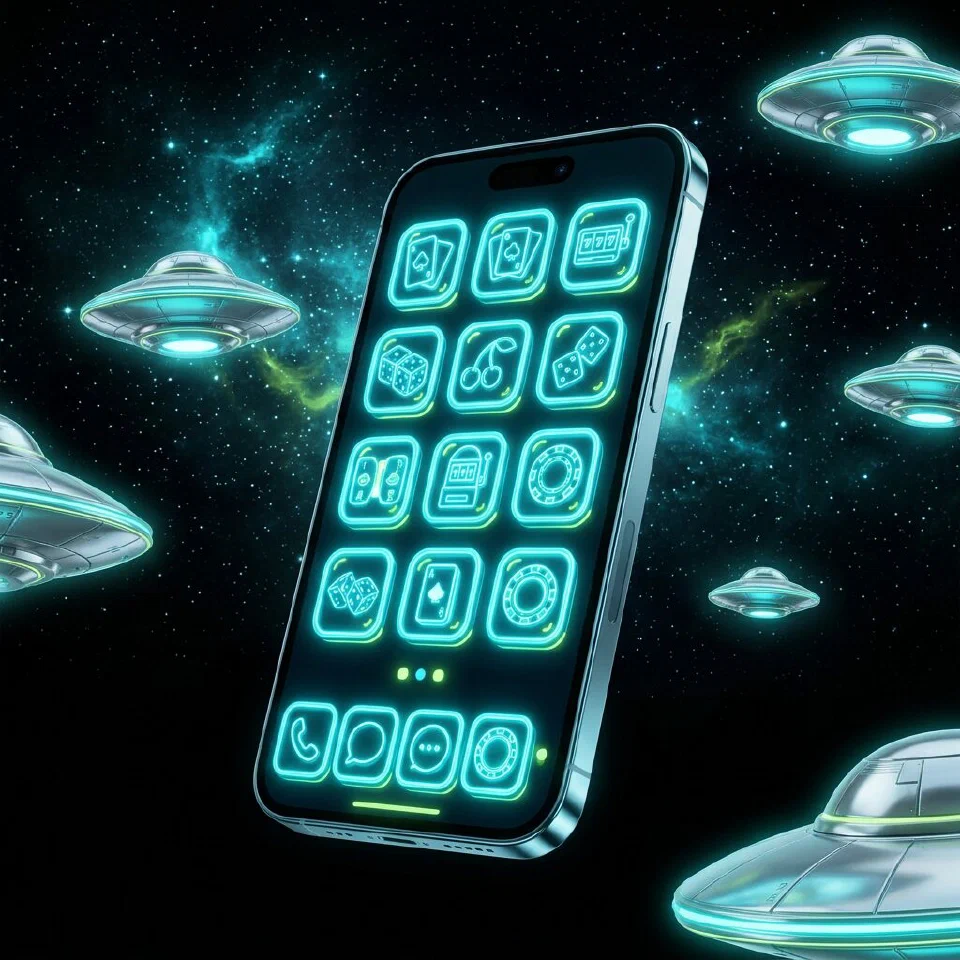 Silver iPhone glowing cyan in front of a starfield