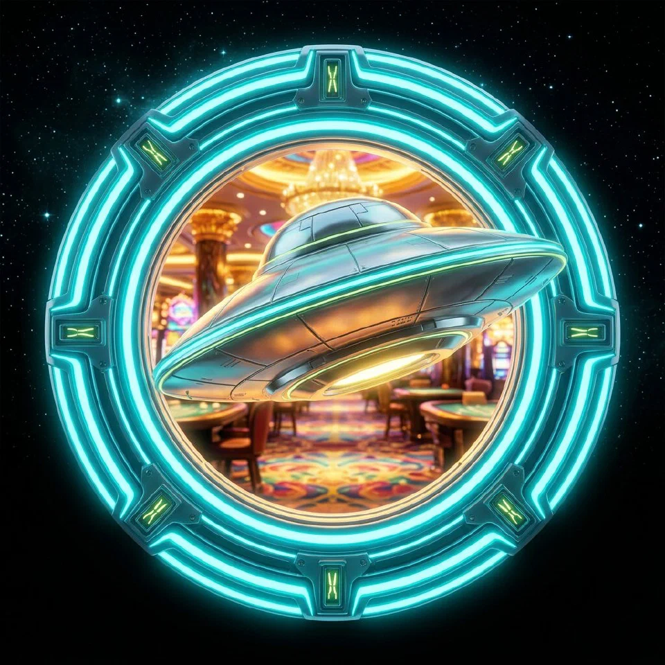 Neon cyan padlock hologram glowing above a flying saucer