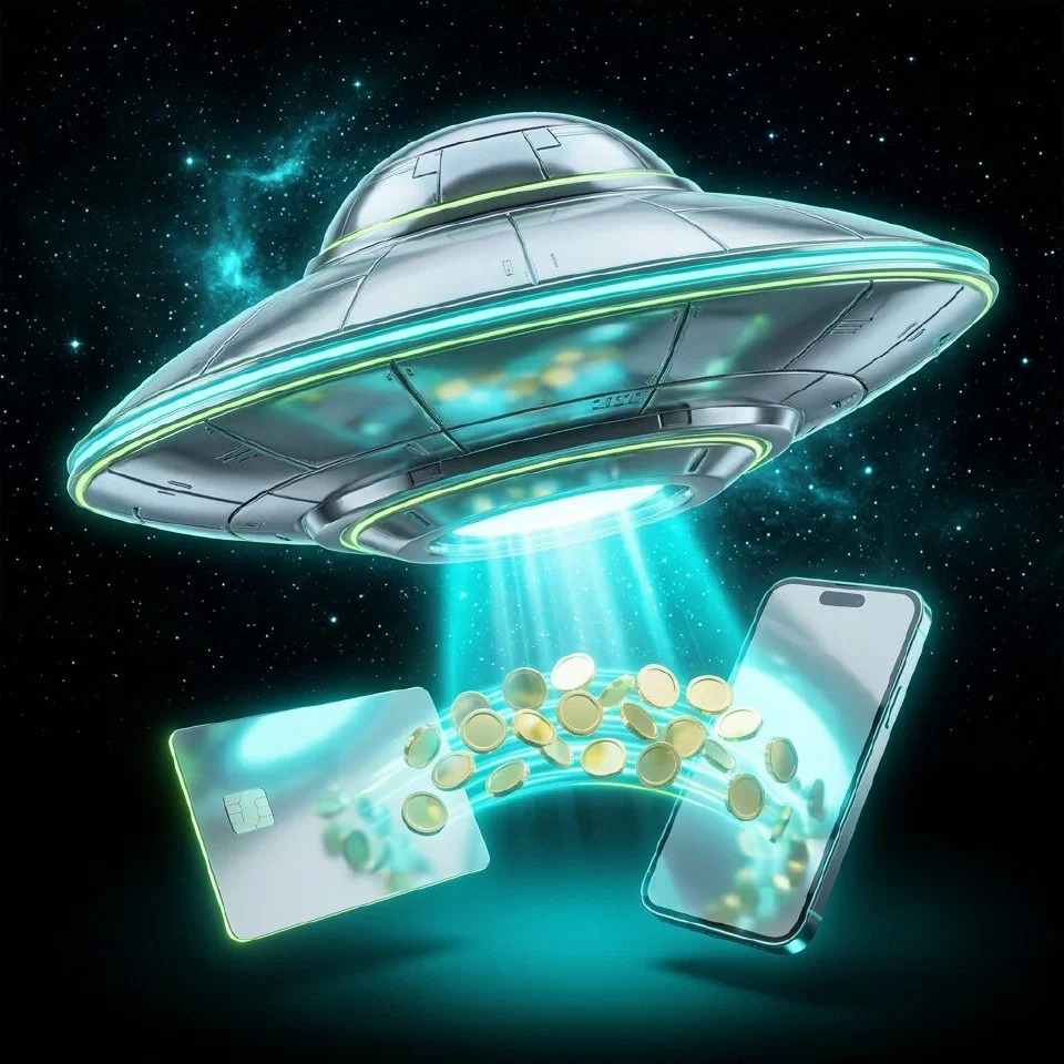 Payment card and smartphone in space joined by a cyan stream of gold coins
