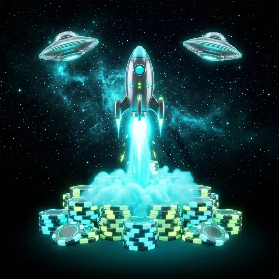 Glowing cyan account card launching from a flying saucer