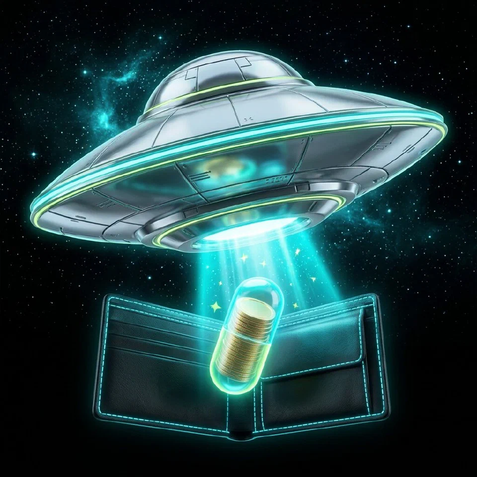 Flying saucer lowering a capsule of gold coins into a black wallet