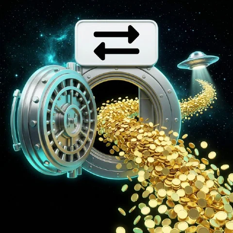 Open vault door in space pouring gold coins towards a flying saucer under a bank transfer sign