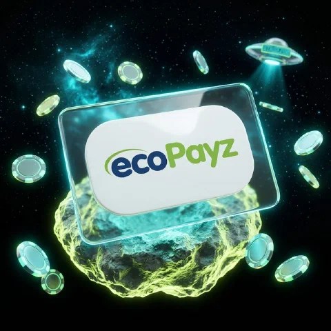 Glass wallet card with the ecoPayz logo hovering over a lime-lit asteroid