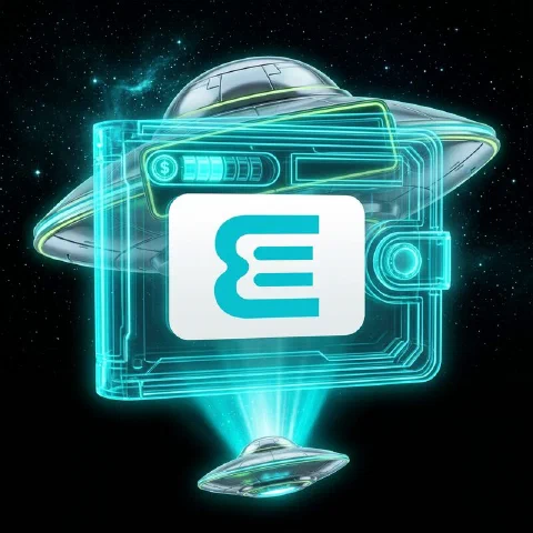 Holographic wallet panel with the eZeeWallet logo linked by a cyan beam to a flying saucer
