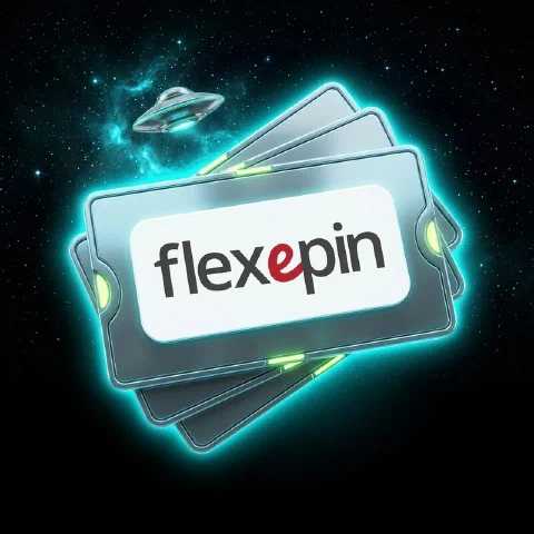 Three prepaid vouchers fanned out in zero gravity with the Flexepin logo on top