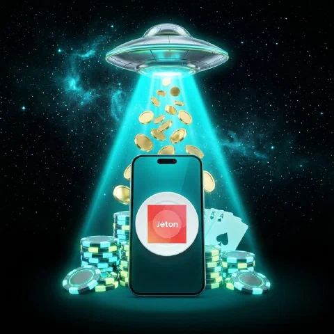 Smartphone in a cyan tractor beam under a flying saucer showing the Jeton logo