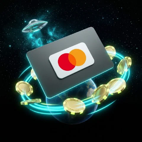 Graphite payment card with the Mastercard logo above a small planet ringed by coins