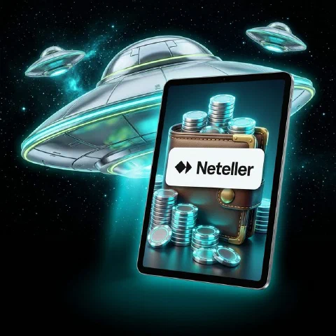 Tablet beside a flying saucer showing a wallet screen with the Neteller logo