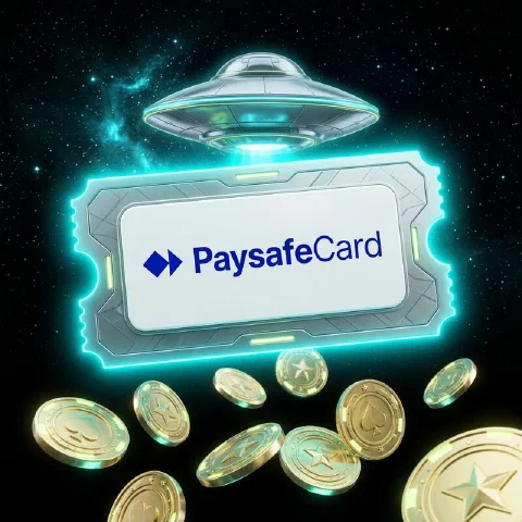 Prepaid voucher with the Paysafecard logo floating above a scatter of gold coins
