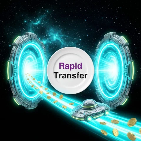 Two glowing portals linked by a stream of coins with a Rapid Transfer plate between them