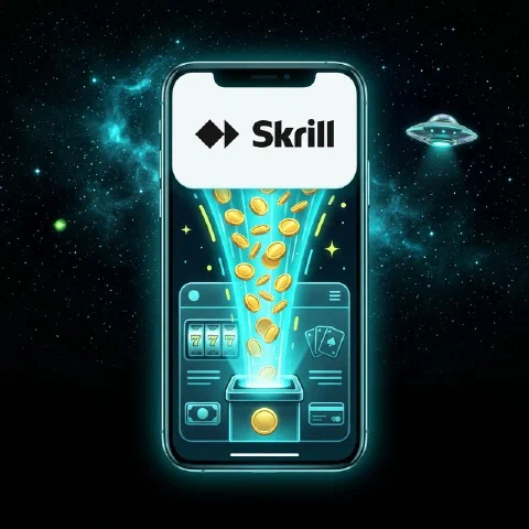 Smartphone in space showing a wallet app with the Skrill logo and a stream of gold coins