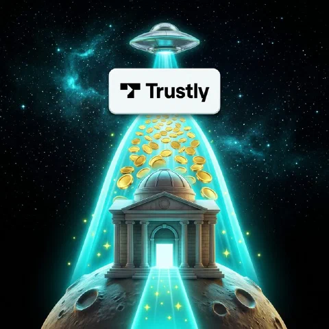 Bank building on a small planet sending a cyan bridge of coins to a flying saucer with the Trustly logo