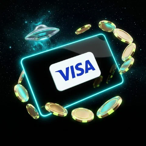 Black payment card with a glowing cyan edge showing the Visa logo among orbiting coins
