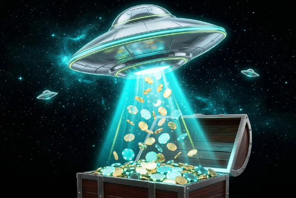 Gold coins orbiting a glowing cyan planet