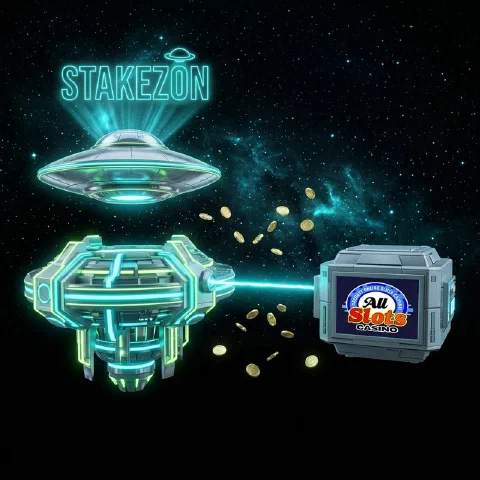 Stakezon neon hologram and the All Slots logo on facing space platforms