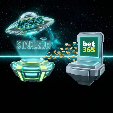 Stakezon neon hologram and the bet365 logo on facing space platforms