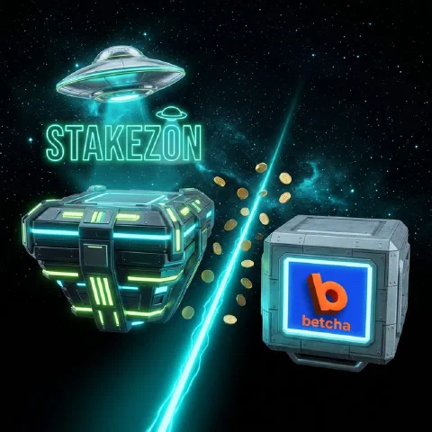 Stakezon neon hologram and the betcha logo on facing space platforms