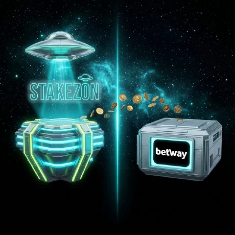 Stakezon neon hologram and the Betway logo on facing space platforms