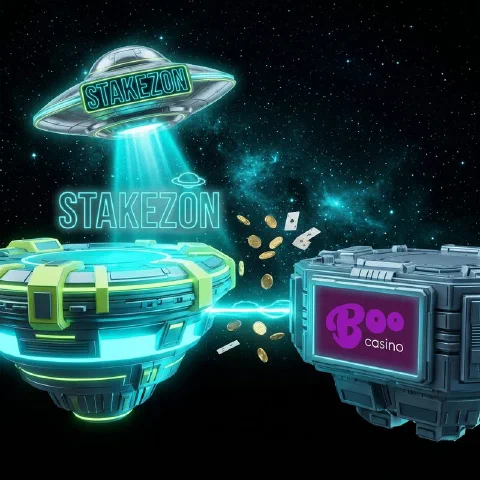 Stakezon neon hologram and the Boo Casino logo on facing space platforms