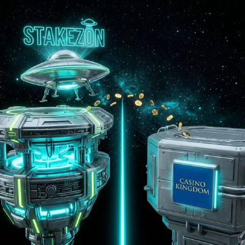 Stakezon neon hologram and the Casino Kingdom logo on facing space platforms