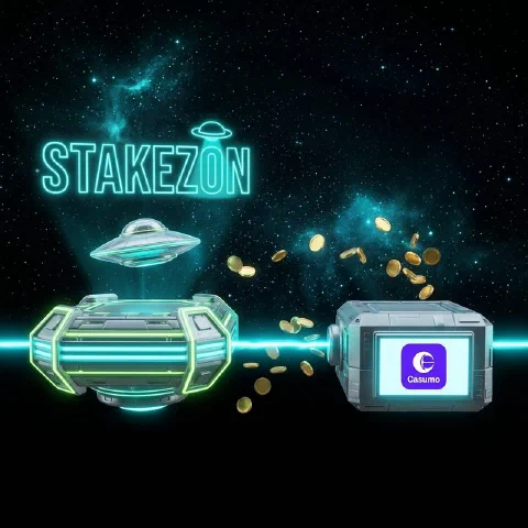 Stakezon neon hologram and the Casumo logo on facing space platforms