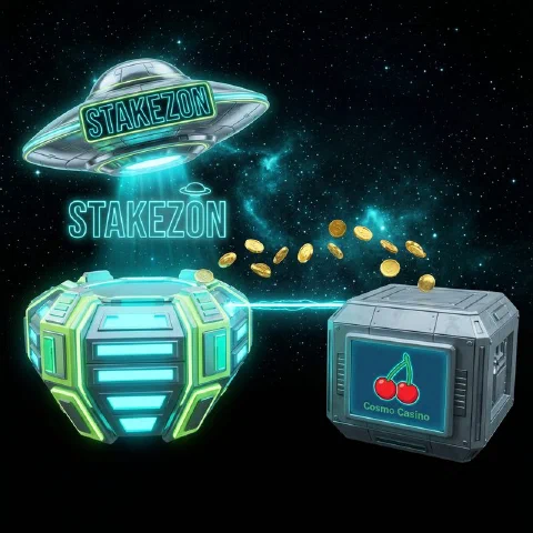 Stakezon neon hologram and the Cosmo Casino logo on facing space platforms