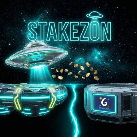 Stakezon neon hologram and the Galactic Wins logo on facing space platforms