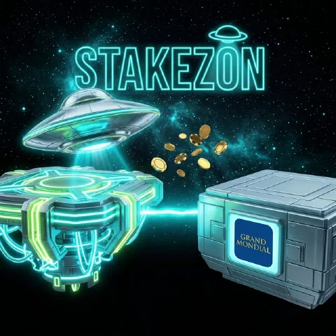 Stakezon neon hologram and the Grand Mondial logo on facing space platforms