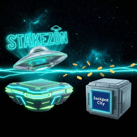 Stakezon neon hologram and the JackpotCity logo on facing space platforms