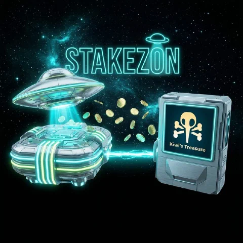 Stakezon neon hologram and the Kiwi's Treasure logo on facing space platforms