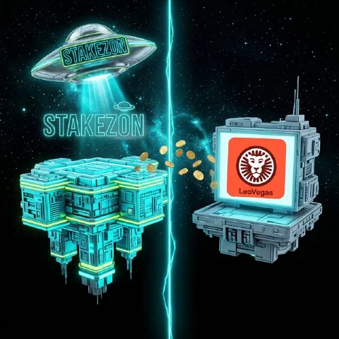 Stakezon neon hologram and the LeoVegas logo on facing space platforms