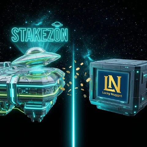 Stakezon neon hologram and the Lucky Nugget logo on facing space platforms