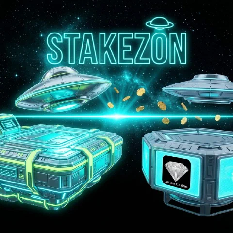 Stakezon neon hologram and the Luxury Casino logo on facing space platforms
