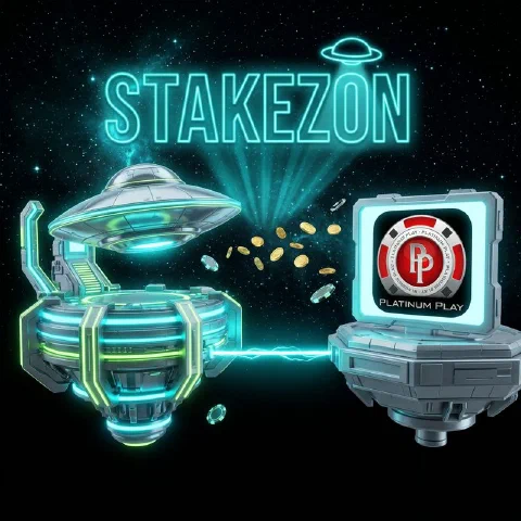 Stakezon neon hologram and the Platinum Play logo on facing space platforms