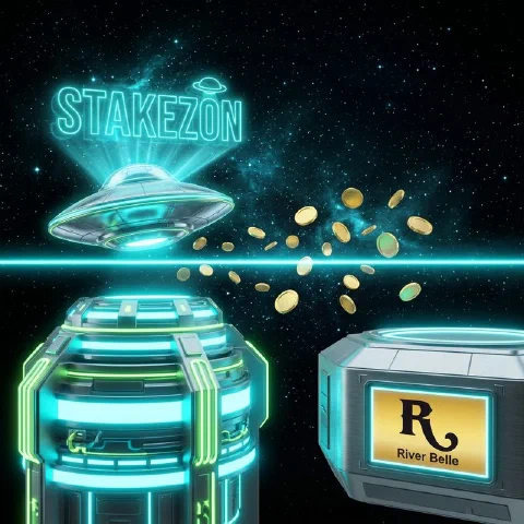 Stakezon neon hologram and the River Belle logo on facing space platforms