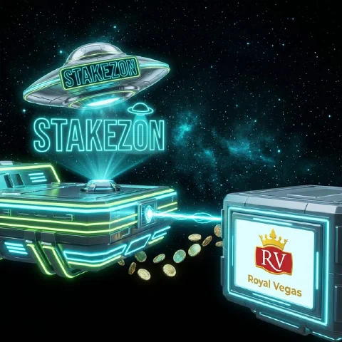 Stakezon neon hologram and the Royal Vegas logo on facing space platforms