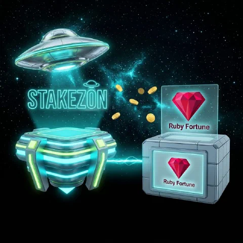 Stakezon neon hologram and the Ruby Fortune logo on facing space platforms
