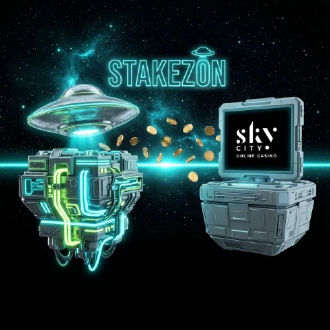 Stakezon neon hologram and the SkyCity Online logo on facing space platforms
