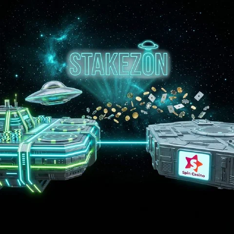 Stakezon neon hologram and the Spin Casino logo on facing space platforms