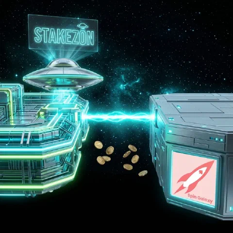Stakezon neon hologram and the Spin Galaxy logo on facing space platforms