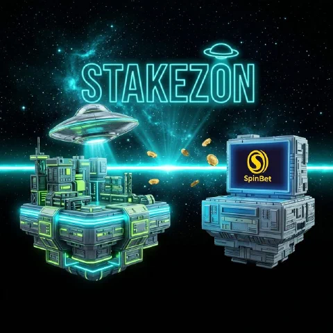 Stakezon neon hologram and the SpinBet logo on facing space platforms
