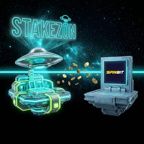 Stakezon neon hologram and the Spinbit logo on facing space platforms