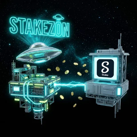 Stakezon neon hologram and the Stake logo on facing space platforms