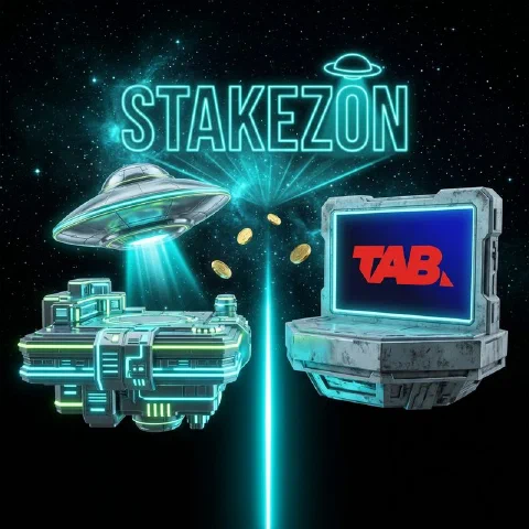 Stakezon neon hologram and the TAB logo on facing space platforms